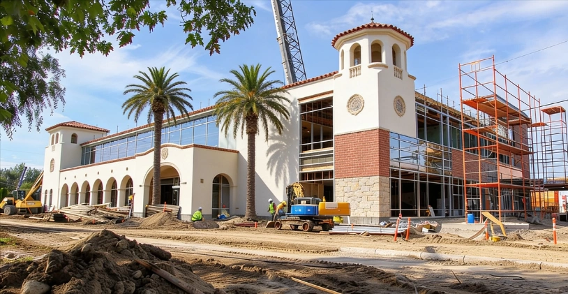 Large commercial construction project in Los Angeles with scaffolding and structural development