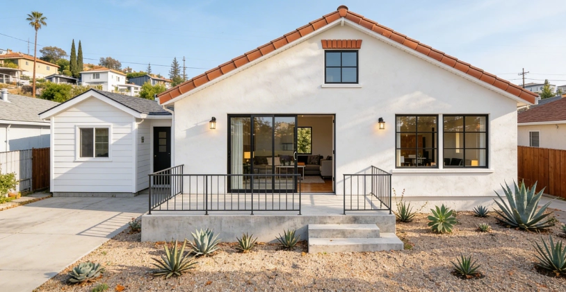 General contractor team reviewing construction plans at job site in Los Angeles