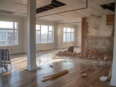 Interior home renovation showing structural updates and flooring work in Los Angeles
