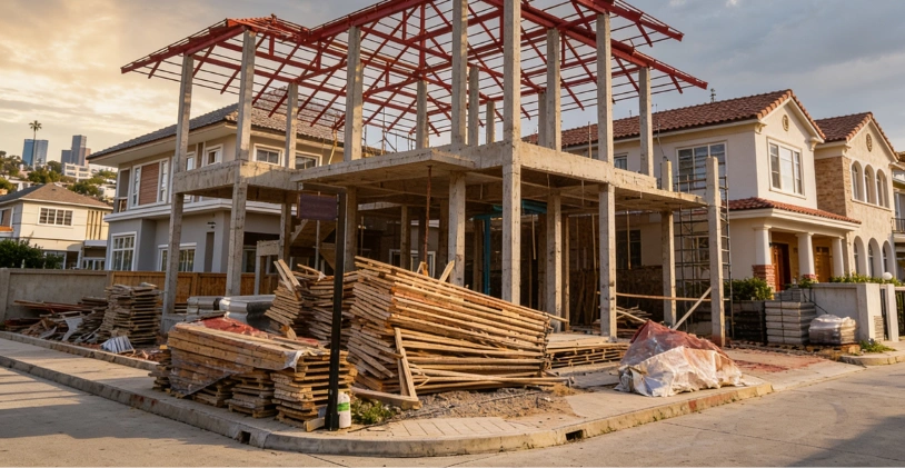 Residential construction project with concrete framing and structure development in Los Angeles