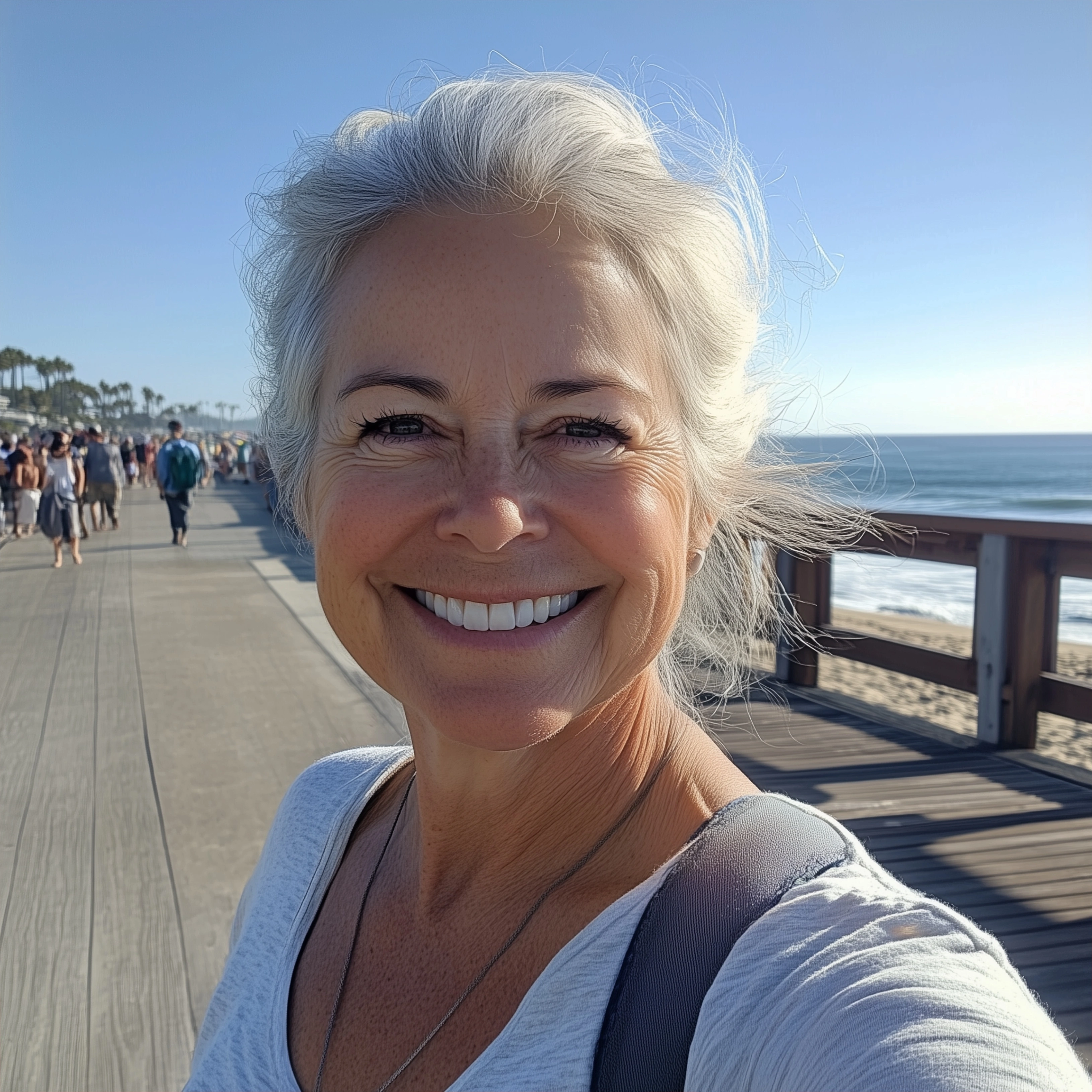 Happy female client smiling at beach in Los Angeles after successful construction project